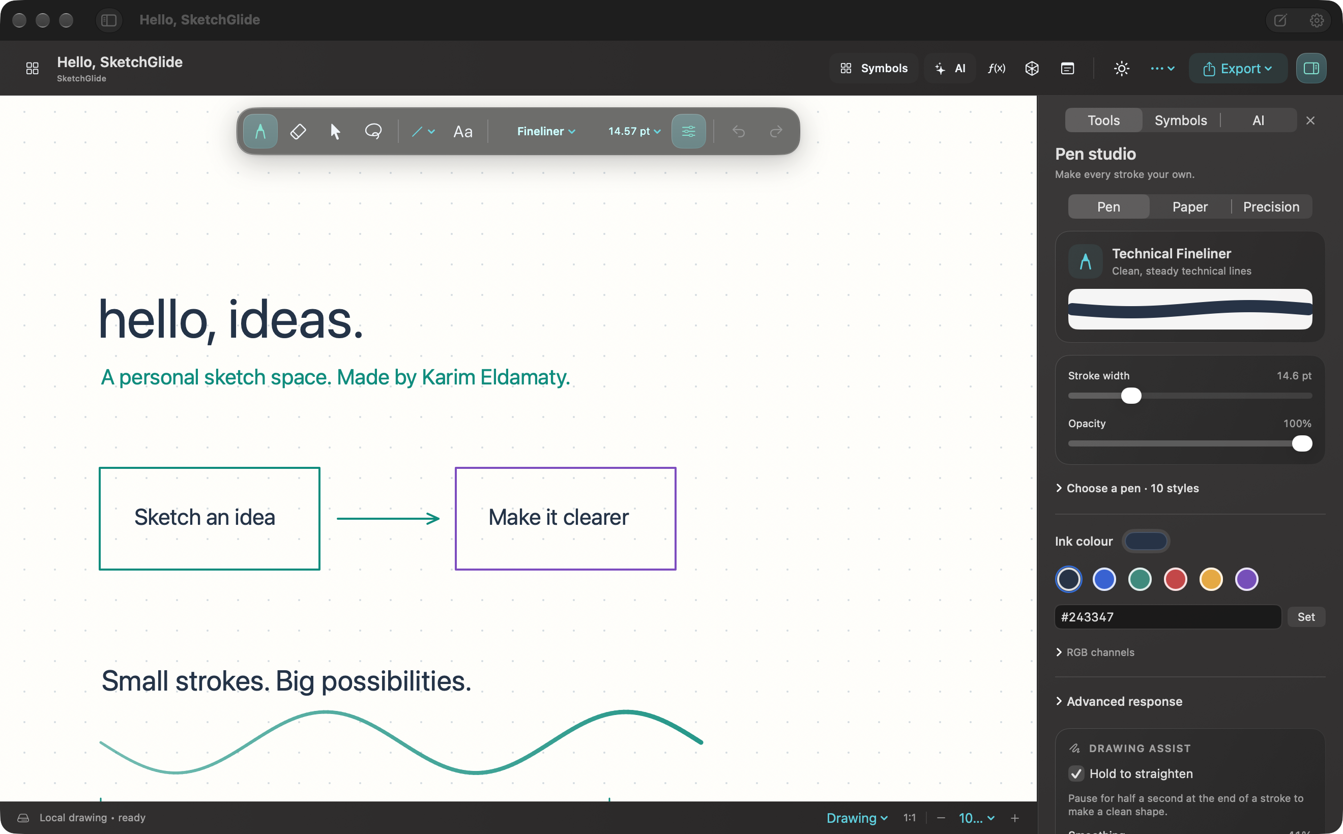 Actual SketchGlide Mac workspace with a synthetic idea sketch, smooth ink examples and pen controls
